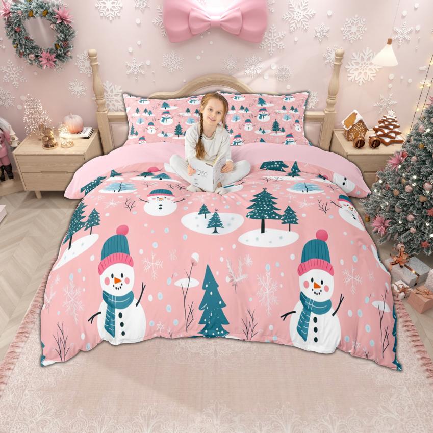 Homewish Cartoon Santa Claus Duvet Cover Set for Boys Girls, Christmas Tree Bedding Set, Snowflakes Snowman Bed Set
