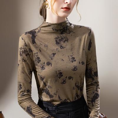 Women's Autumn and Winter Half High Neck Vintage Printed Temperament Inner Waist Tops