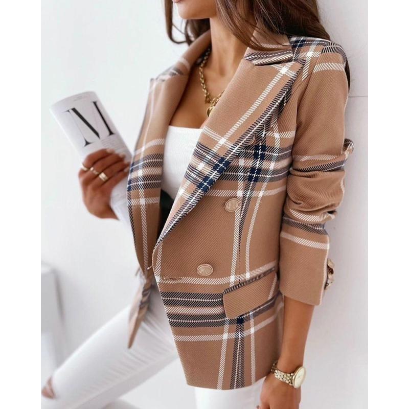 New Fashion Women's Small Suit Jacket Autumn Temperament Commuting Double-breasted Plaid Print Long-sleeved Jacket