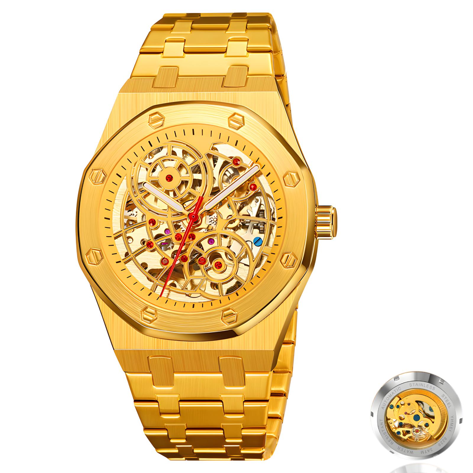 

Автоматические механические часы с рубиновым инкрустированным циферблатом из нержавеющей стали для мужчин, водонепроницаемые, с ночным светом, модные, роскошные, деловые часы золотой