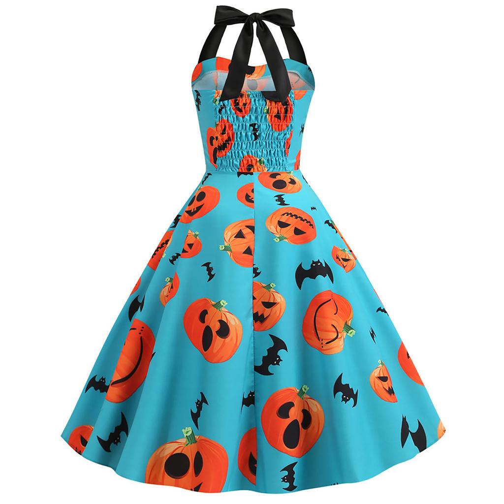Women Casual Fashion Sleeveless V-neck Button Printed Halloween Dress