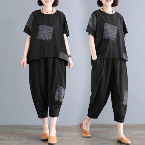 Women T-Shirt Pants Suit O Neck Elastic Waist Short Sleeves Loose Letter Print Summer Ladies Tee Sweatshirt Top Cropped Harem Trousers Kit Daily Wear