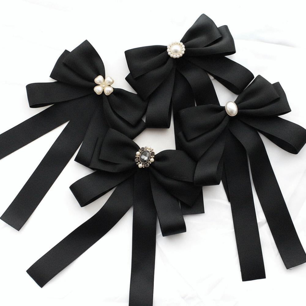 Pearl Black Ribbon Pin Beads Ribbon Badge Brooch Sweet Black Bow Necktie Parties