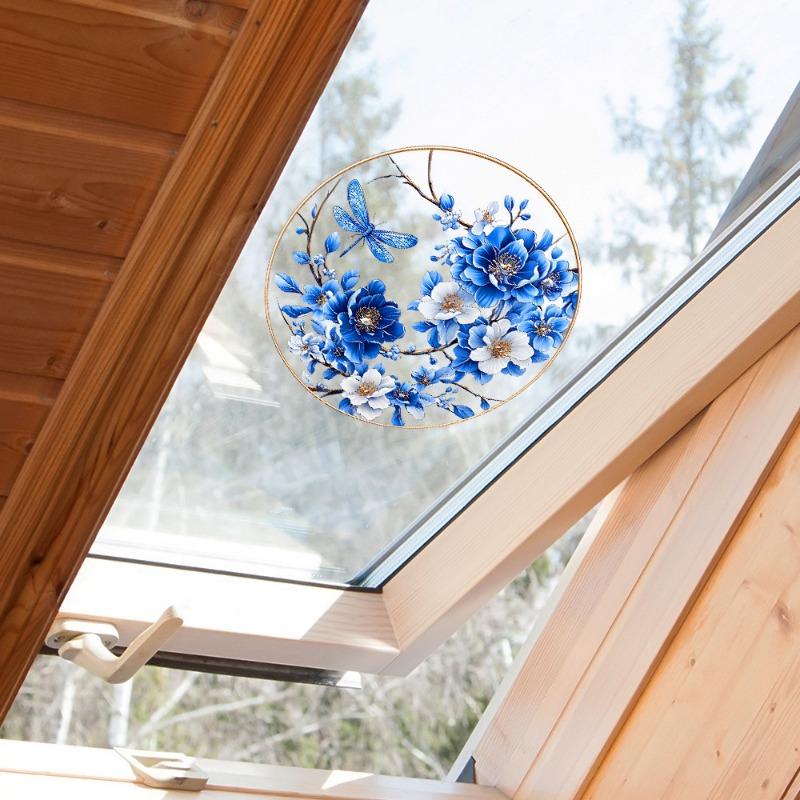 Painted Blue Flowers Butterflies Balcony Glass Windows Beautification and Decoration Electrostatic Uv Window Sticker