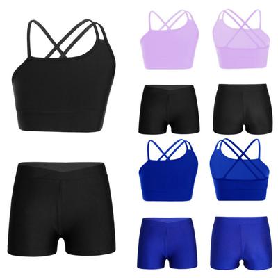 Haut court asymétrique à bretelles pour enfants filles, avec short à ceinture en V sur le devant, pour l'entraînement sportif et de gymnastique