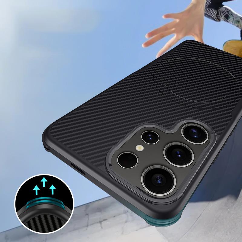 Carbon Fiber Texture Soft Magnetic Phone Case For Samsung S25 Ultra S24 Plus S23 TPU Hybrid Silicone Shockproof Slim Wireless Charge Cover