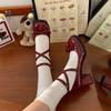 Červená Mary Jane Dámské Lodičky Silné vysoké podpatky Boty Dámské Lolita Boty se čtvercovou špičkou Jarní móda Párty Kožené Dámské Boty Nové
