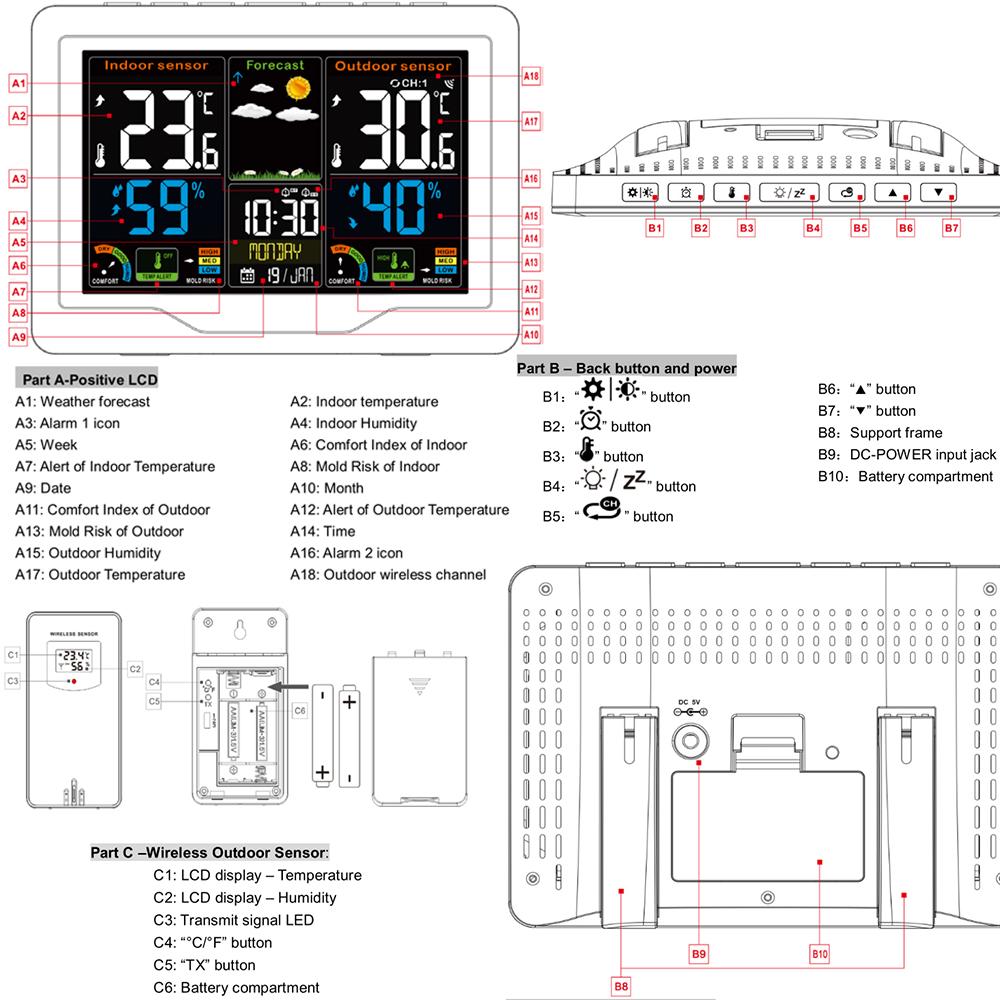 Weather Station Digital Alarm Clock Barometer Outdoor Sensor Temperature Humidity Measurance Weather Forcast Snooze