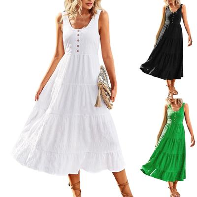 Vestidos casuais de verão femininos, vestidos de cor sólida, sem mangas, vestidos de verão midi alargados, longos