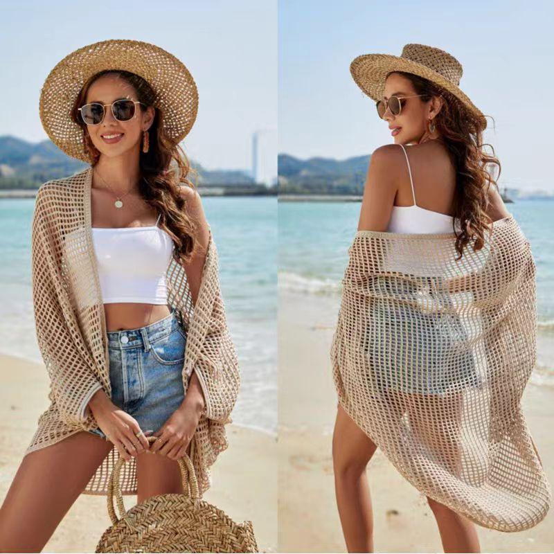 Women Sun Protection Shawl Lady Summer Hollow Out Knit Cardigan Holiday Solid Bikini Blouse Breathable Beach Cape Sexy Tippet Tops