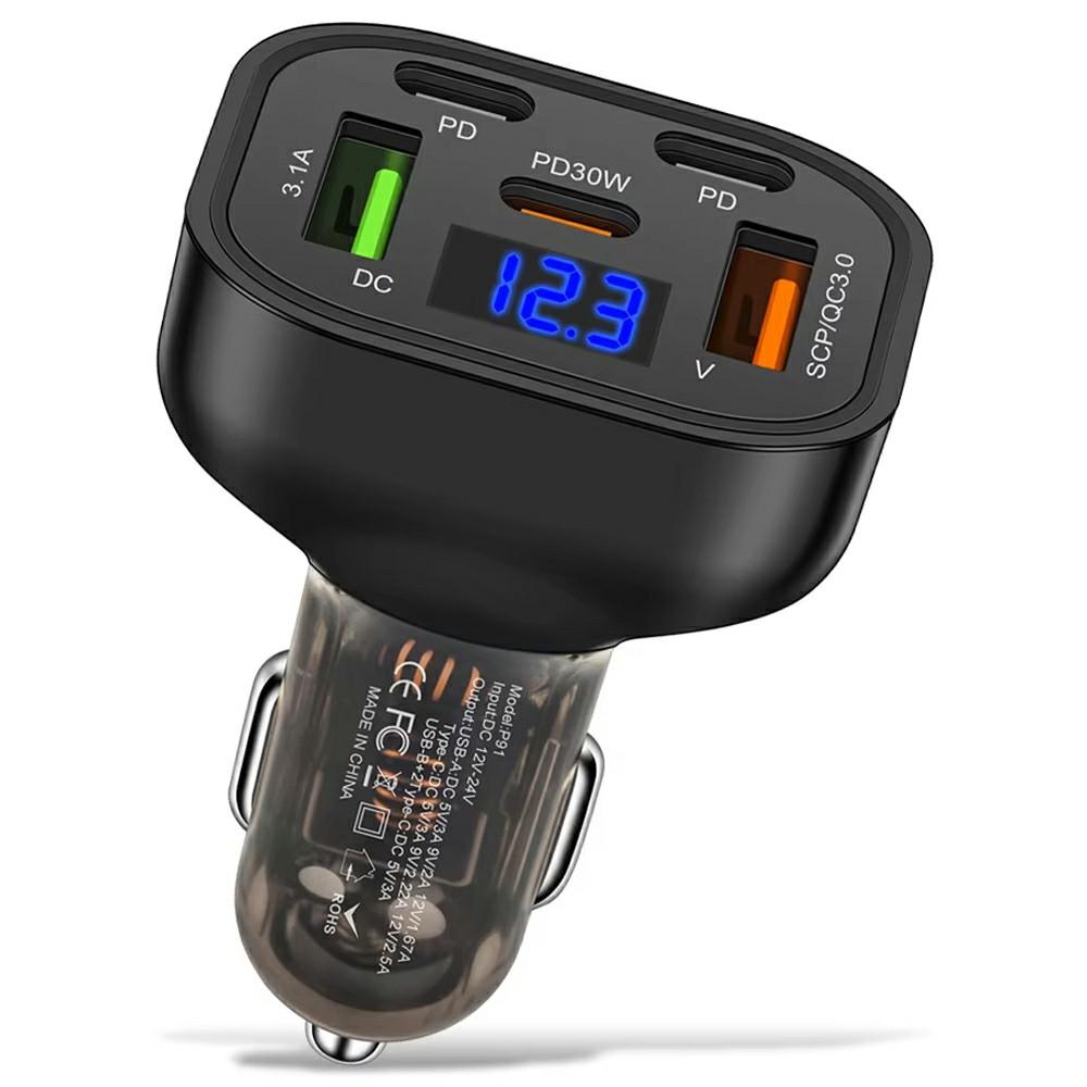 P91 3 Type C + 2 USB 5 In 1 150W Car Charger QC3.0 PD Fast Charging Adapter with Voltage Display