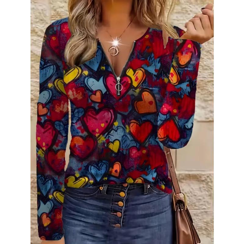 Women's Elegant Printed Zipper Long-sleeved Top, Stylish and Versatile for Autumn and Winter Casual and Office Wear, Machine Washable