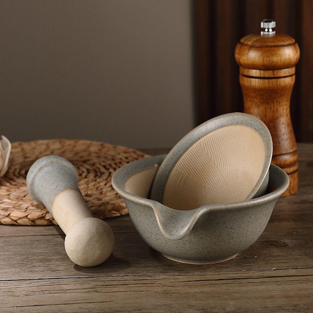Durable Rice Paste Bowl Manual Garlic Mortar Pestle Tableware Grinding Bowl Rod Set Household