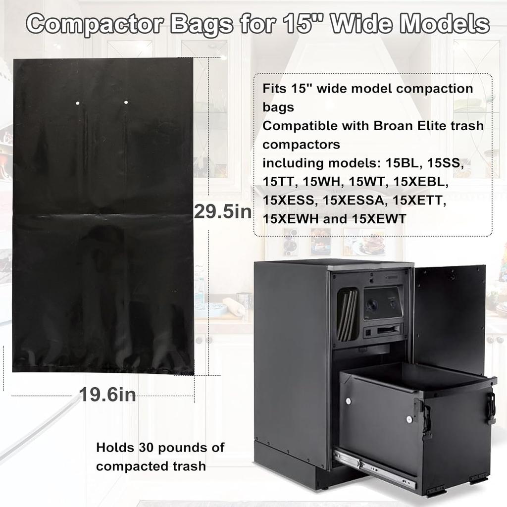 12Pack Compactor Bags for 15" Wide Models, Heavy-Duty Trash Compactor Bags, Trash Compactor Bags for Kitchen, Garbage Compactor Bags, 5 Years