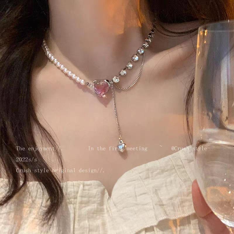 Pink zircon love splicing isn't collarbone chain sweet cool chain