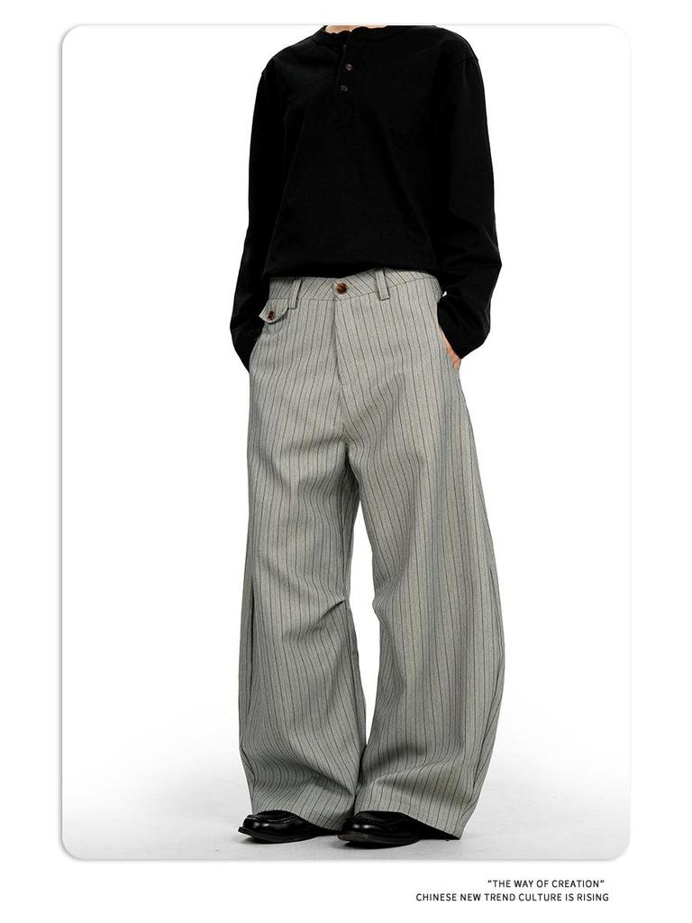 11KN Retro Gray Striped Wide-Leg Suit Pants for Men and Women - Versatile, Trendy, and Slimming Casual Wear