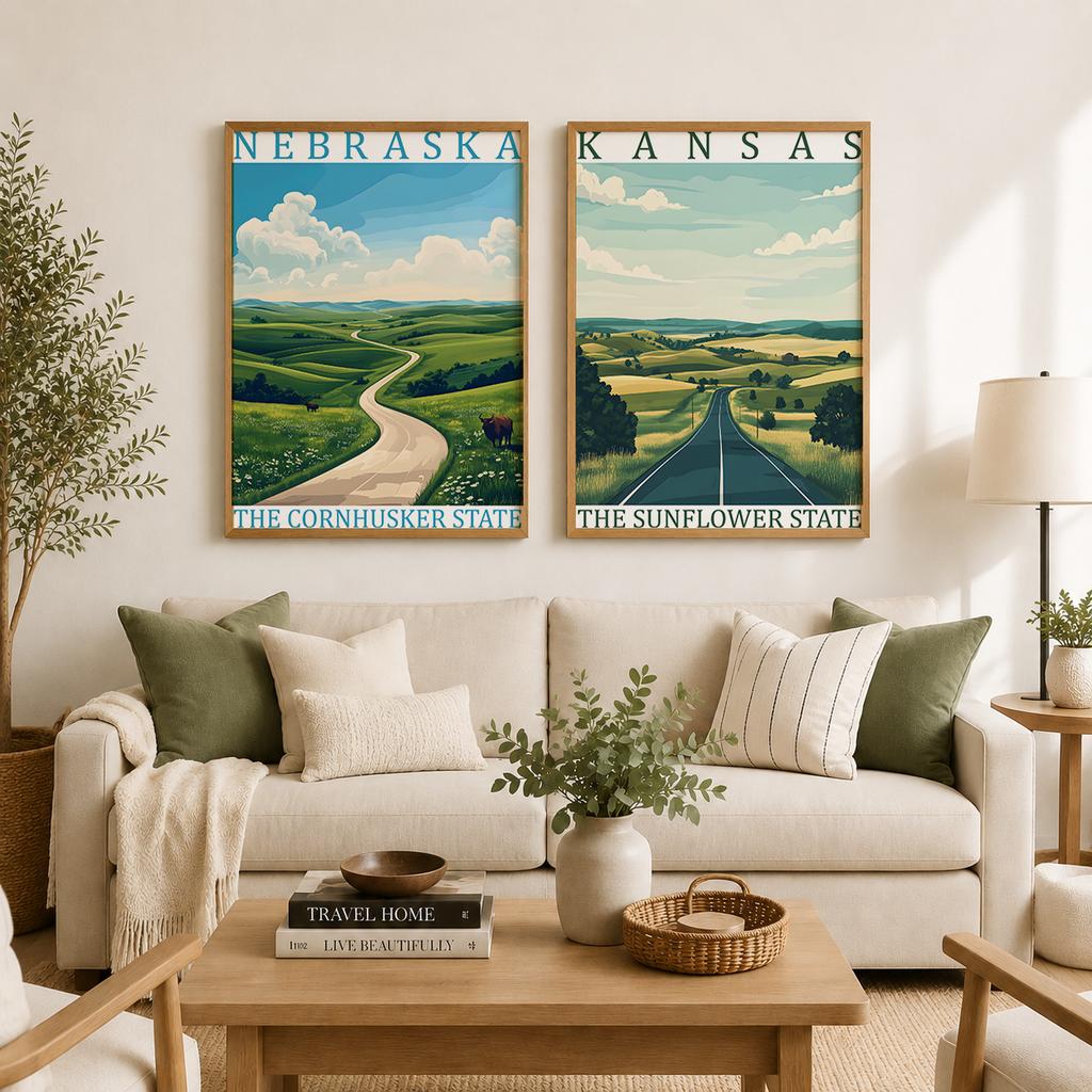 USA State Vintage Wall Art, Retro Landscape Canvas Painting, American Natural Scenery Poster Prints for Living Room Home Decor