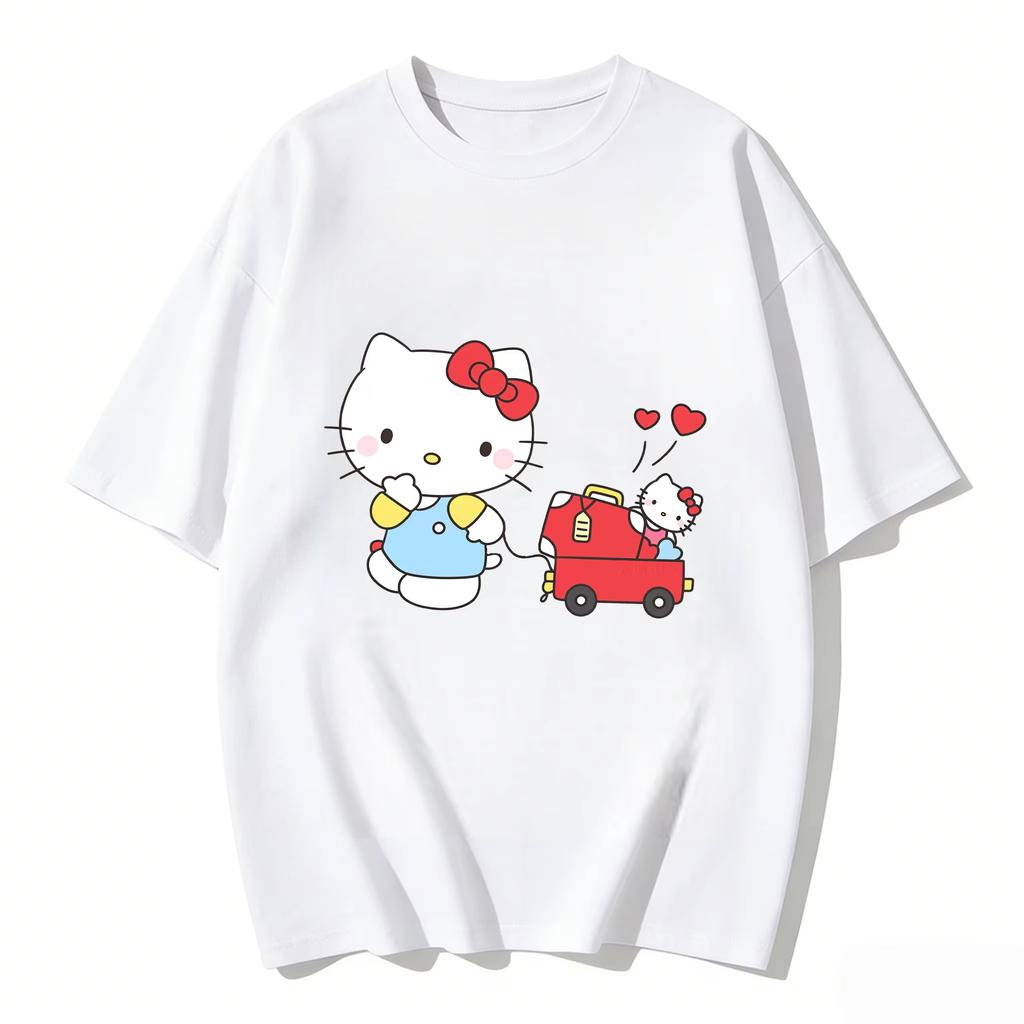 2026 Summer Hello Kitty Cartoon Printed Short Sleeve Pure Cotton Tshirt Womens Family Matching Outfits Classic Fashion Tee Top