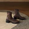 Autumn and Winter Leather High Heel Knight Boots Women's Rubber Sole Square Heel Round Head Korean Comfortable Side Zipper Women's Medium Boots