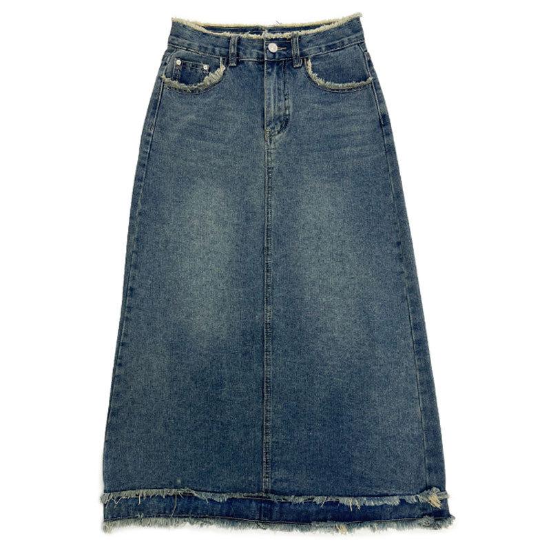 Retro Women's High-Waist A-Line Denim Skirt, Raw Edge, Summer Style