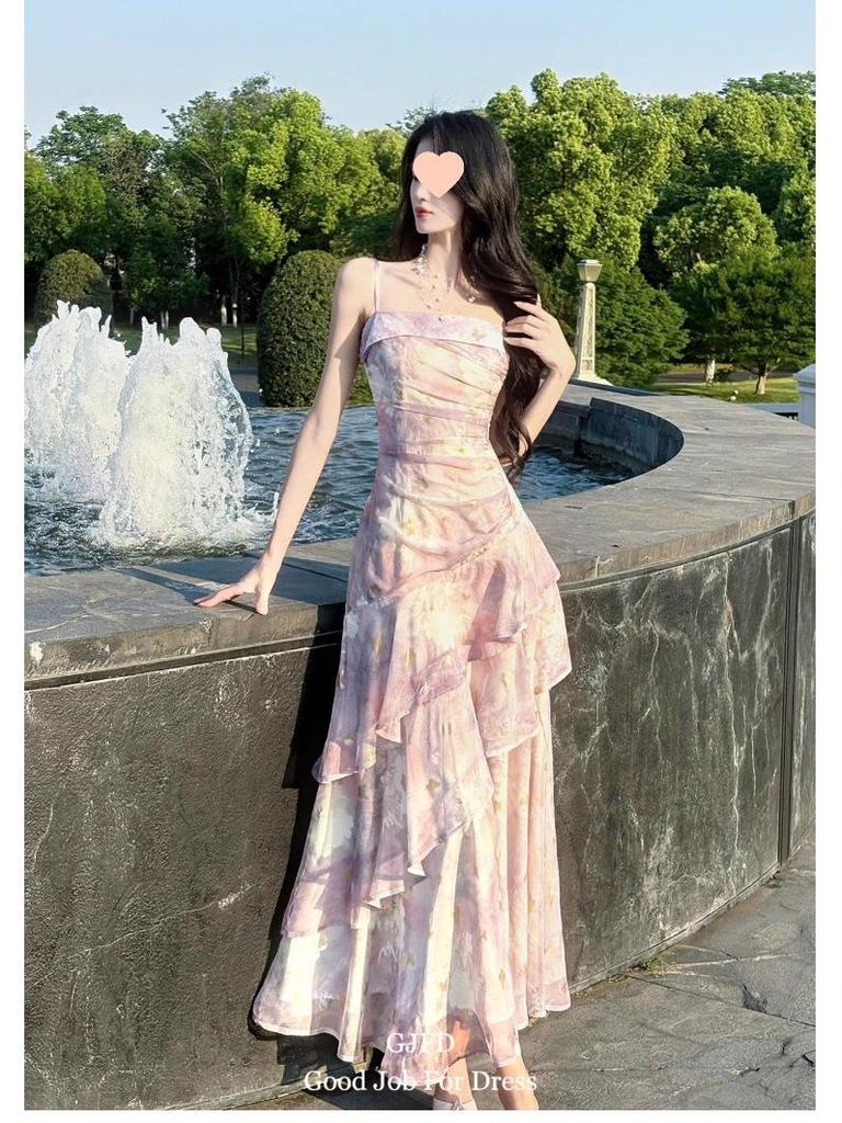 Purple Floral Ruffle Strap Seaside Vacation Dress