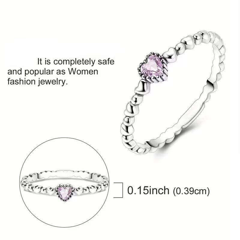 Retro Thai Silver Horseshoe-shaped Diamond Ring With Simple Ball-edge And Pink Shiny Heart-shaped Ring For Women