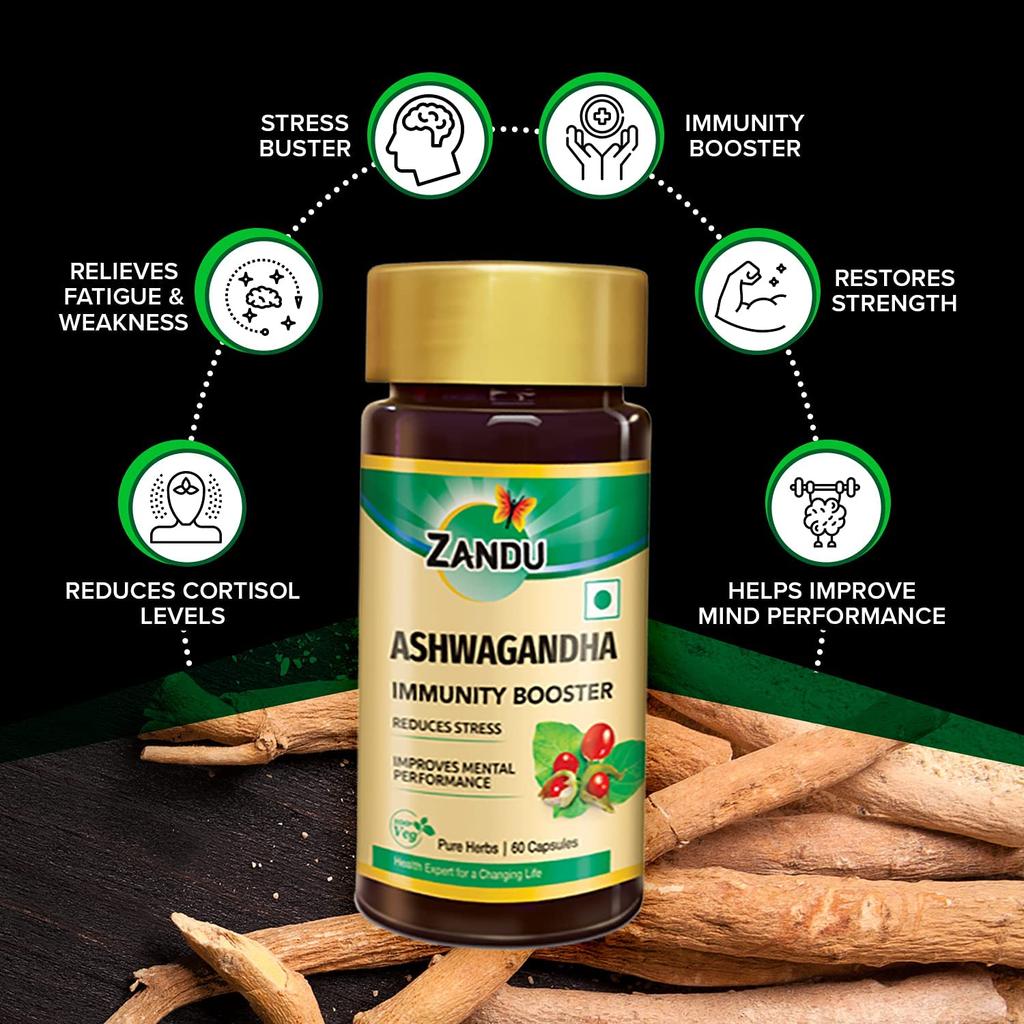 Zandu Ashwagandha 60 Veg Capsules 250mg | Pure Root Extract for Stress Relief, Immunity & Stamina, Rejuvenates Mind and Body