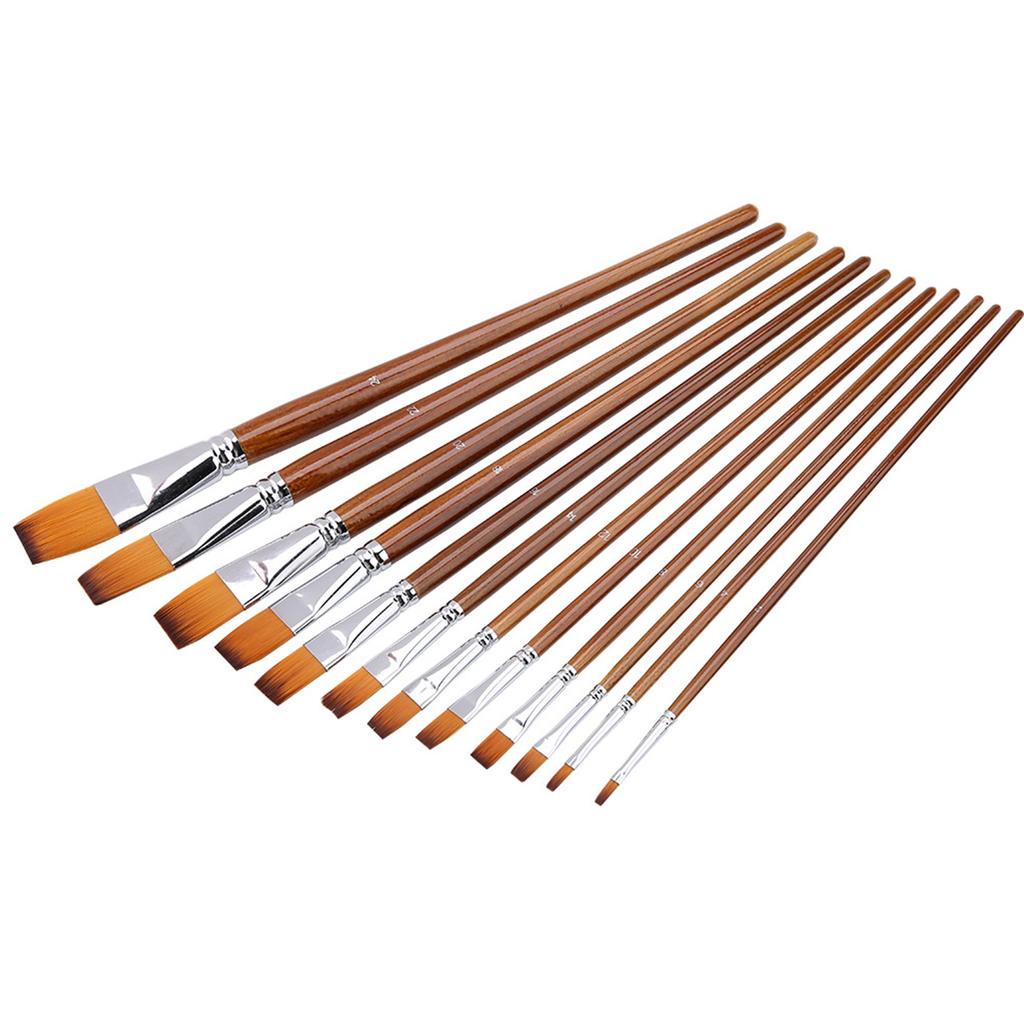 13Pcs Nylon Hair Watercolor Oil Painting Flat Brush Set Wooden Handle Professional Art Supplies