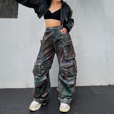 Personalized Women's Clothing Dirty Pants Fashionable Loose Multi-pocket Heavy Industry Graffiti Tooling Denim Trousers Women