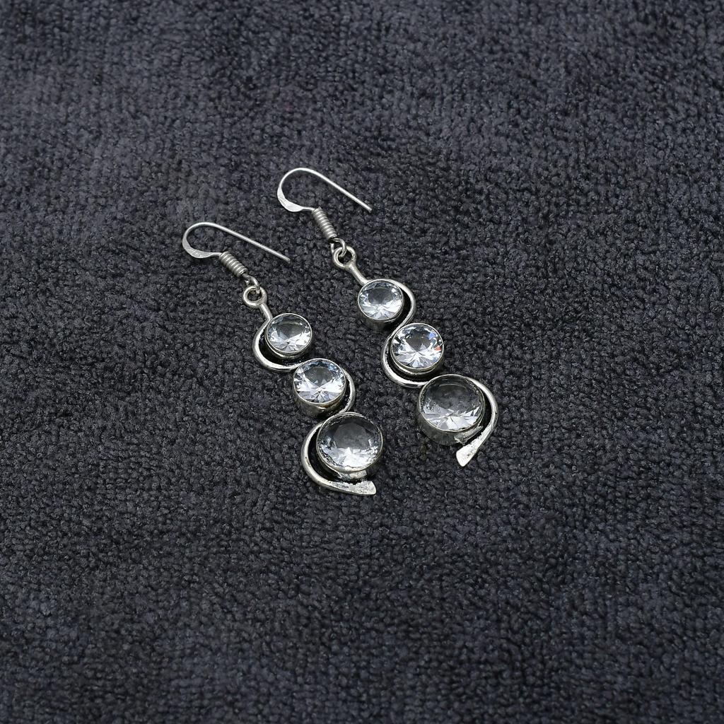 White Topaz Gemstone : 925 Sterling Silver Handmade Long Earring's Jewelry