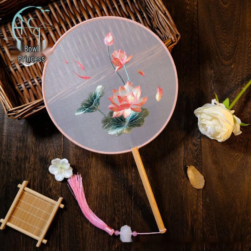 Zweiseitig bestickter runder Fächer im antiken Stil, Hanfu Su-Stickerei, vielseitiger Tanzfächer, chinesischer Stil