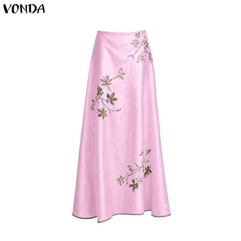 VONDA Women Casual Zip-up Print Satin Smooth Thin Maxi Skirts