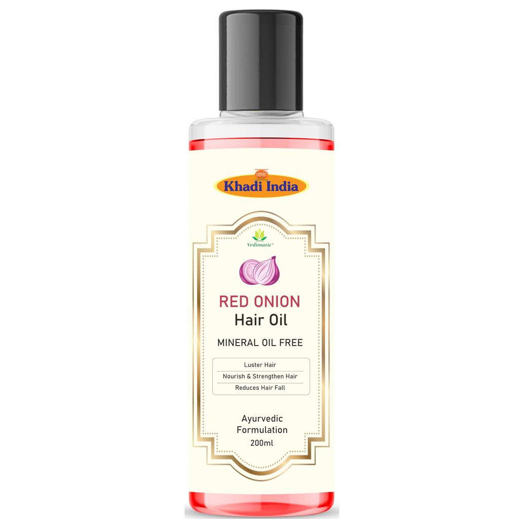 Khadi 100% Pure & Natural Herbal Red Onion Hair Oil with Onion & Rosemary for Hair Fall Control - 200ml with khadi india logo