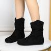 Suede short boots, women's pleated pile boots, round toe winter western denim fashionable women's boots