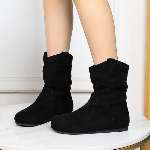 Suede short boots, women's pleated pile boots, round toe winter western denim fashionable women's boots