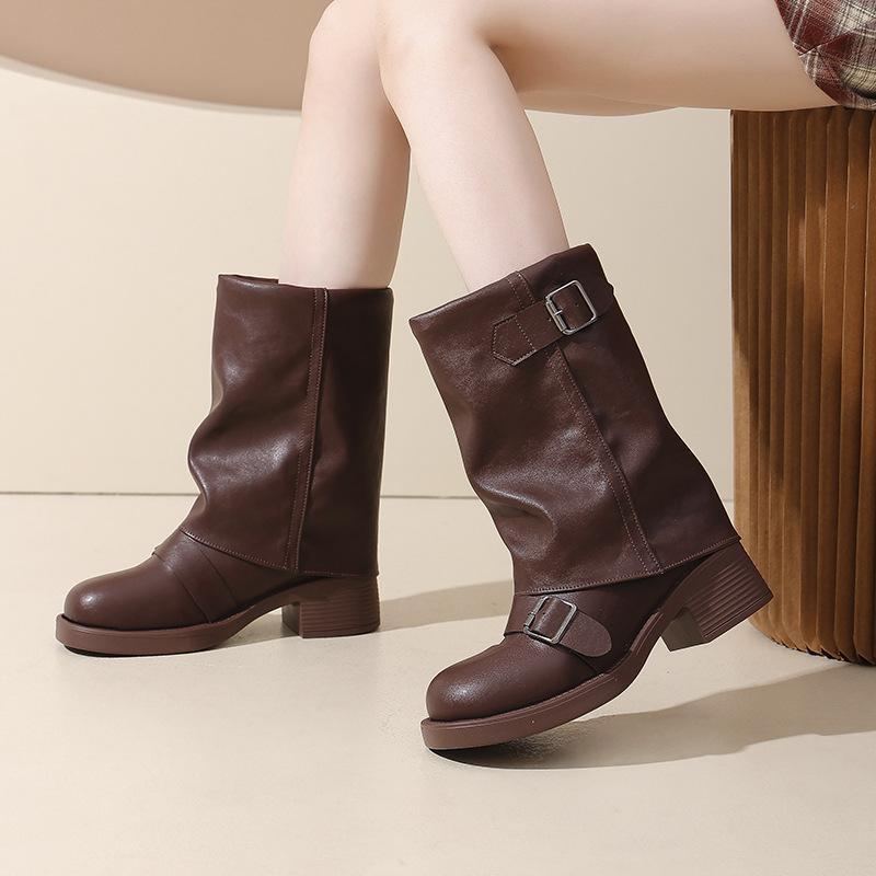 Vintage Western Cowboy Boots Women's 2025 Pleated Pile Boots Heel Belt Buckle Medium Pants Tube Boots Large Size Knight Boots