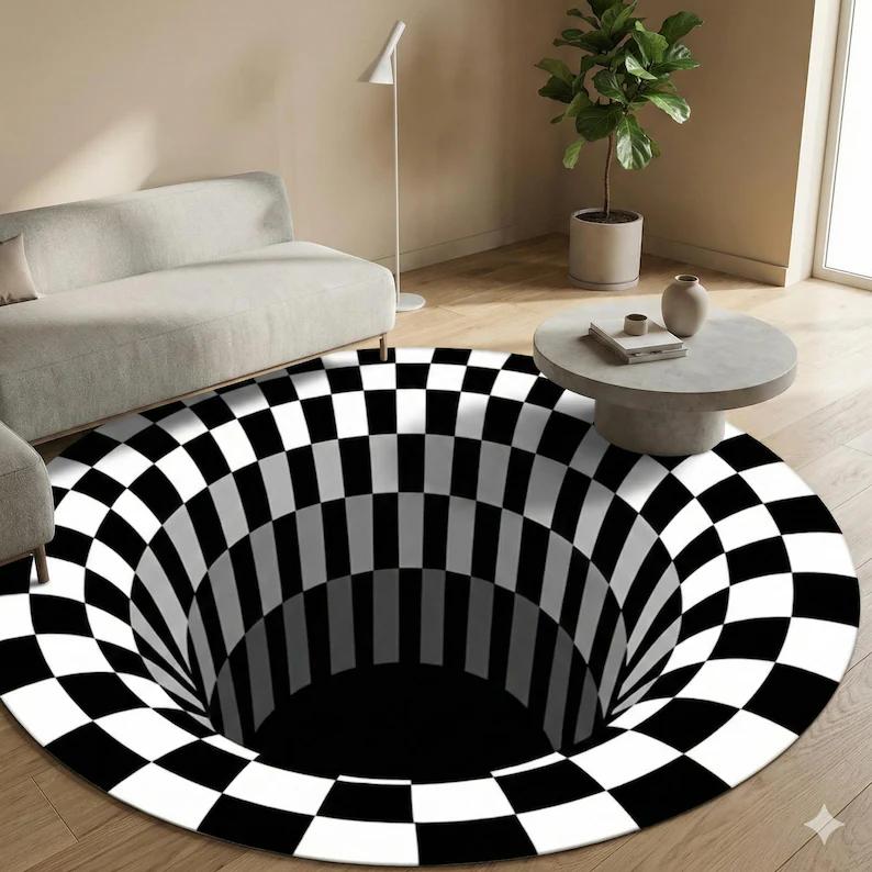 2D Optical Illusion Rug Black White Geometric Area Rug Trippy Modern Round Carpet for Living Room Home Decor Gift for Friends R1