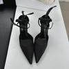 Fashion Spring and Summer New Pointed Toe Satin Heels Bow One Strap Women's Shallow Mouth Non-Slip Bag and Heel Sandals