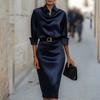 Women Satin Long Sleeve Dress Elegant Waist Design Cowl Neck Midi Dress with Belt for Summer Office Party