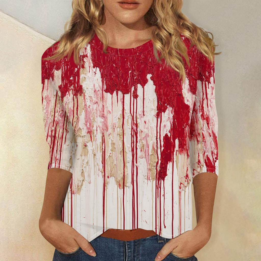 Women's Fashion Casual Round Neck 3/4 Sleeve Loose  Printed T-Shirt Ladies Top