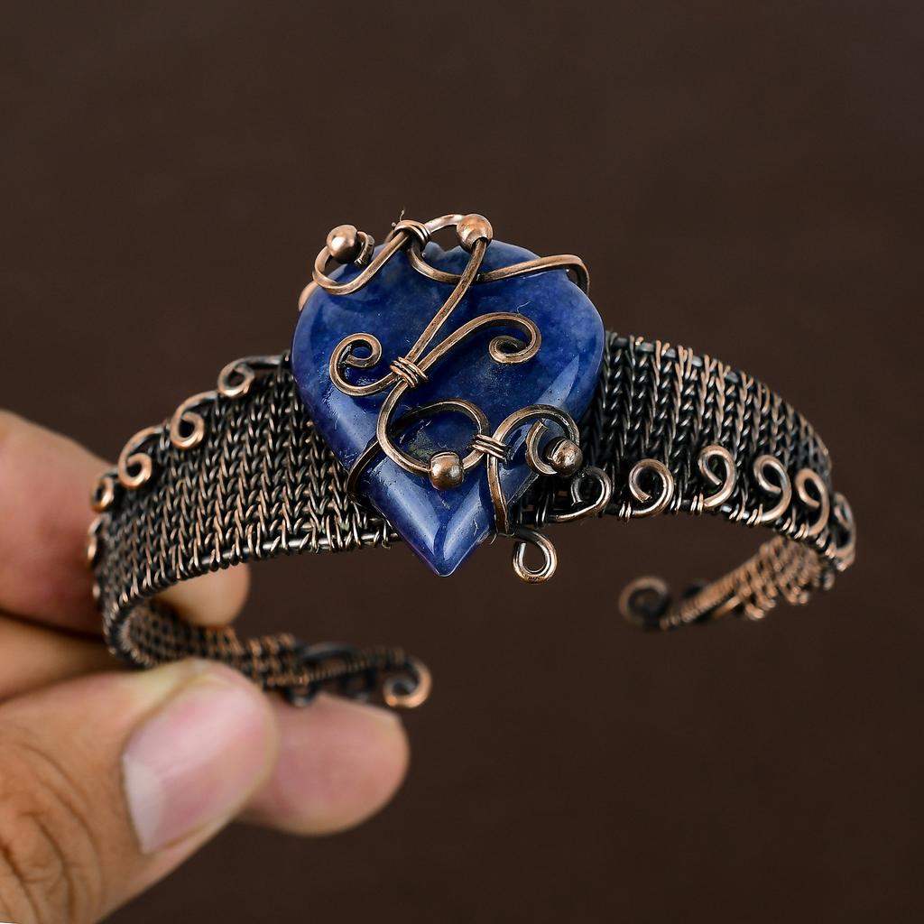 Sapphire(Simulated) Gemstone Handmade Copper Wire Wrap Bangle Adjustable I1F25
