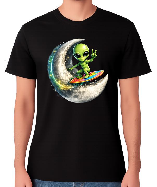 Alien Surfing Moon T-Shirt Funny Space UFO Cosmic Graphic Unisex Tee S