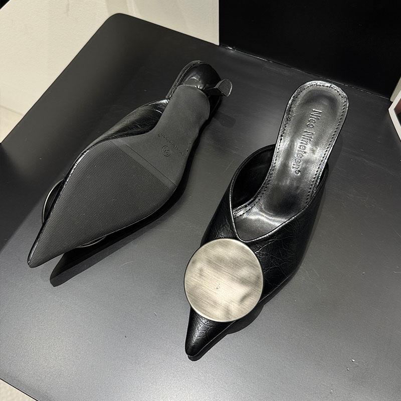 Fashion 2025 New Fashion Pointed Toe Ladies Medium Heels Pumps Shoes Spring Summer  Female Slides Metal Women Heeled Sandals Shoes Mules