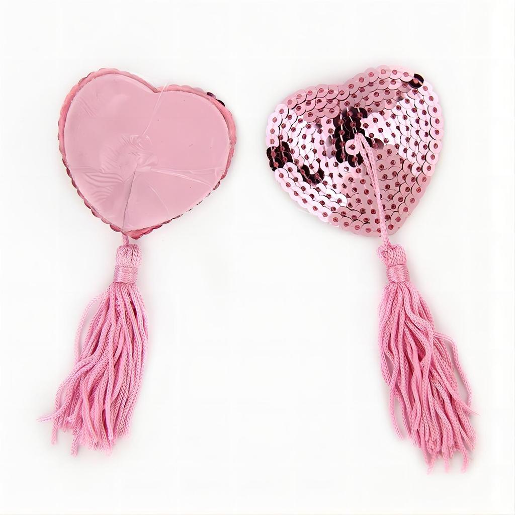 Guillotine Heart Sequin Nipple Pasties with Tassels - Adult Erotic Accessory