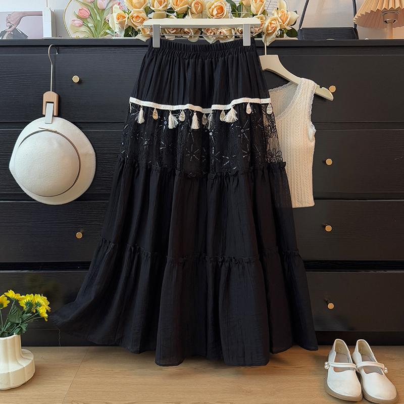 Dimanaf 2025 Summer Women White Skirts Lace Vintage Elastic Pleated Elegant Long Skirts New High Waist