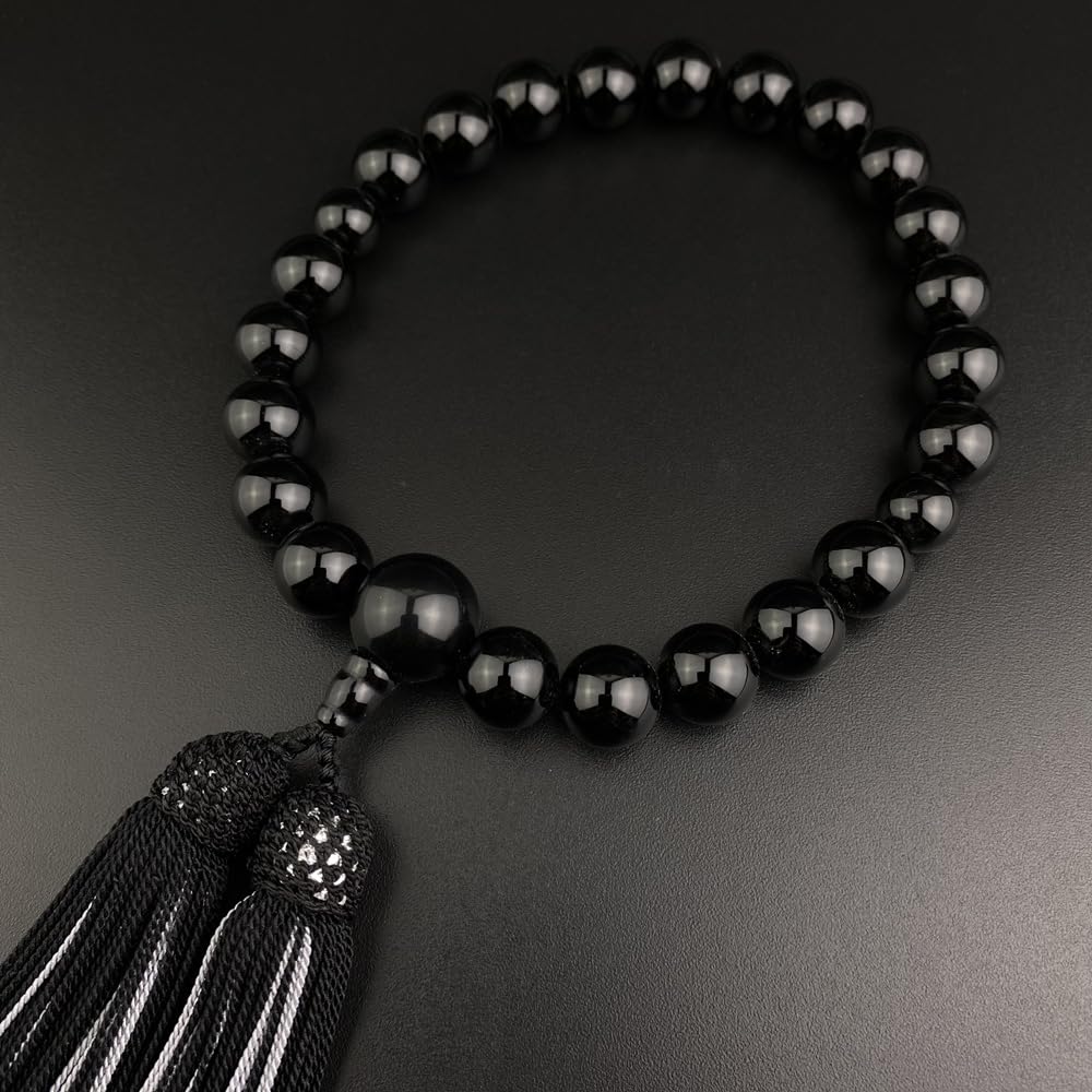 [WONDERFUL LOTUS] Men's Prayer Beads, 22 Beads, Onyx, Two-Color Silk Tassel, Prayer Beads Bag Included, Suitable for All Sects, Informal, Black,
