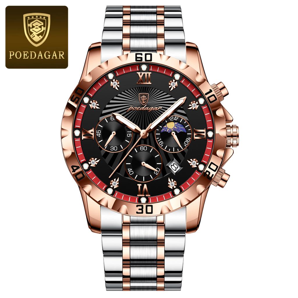 POEDAGAR Luxury Military Watch For Men Waterproof Luminous Chronograph Date Wristwatch Stainless Steel Quartz Watches