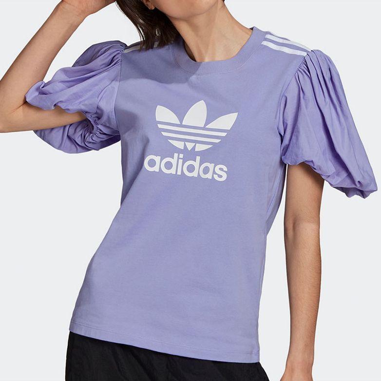 Adidas Originals Three Stripes Rundhals-Pullover mit Aufdruck Buchstaben Casual Kurzarm Laternenärmel T-Shirt Damen Tops Lila H59037