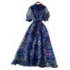 French Court Style Retro Printed Dress Women's Spring and Summer Lapel Collar Waist Strap A Word Long Dress Commuting