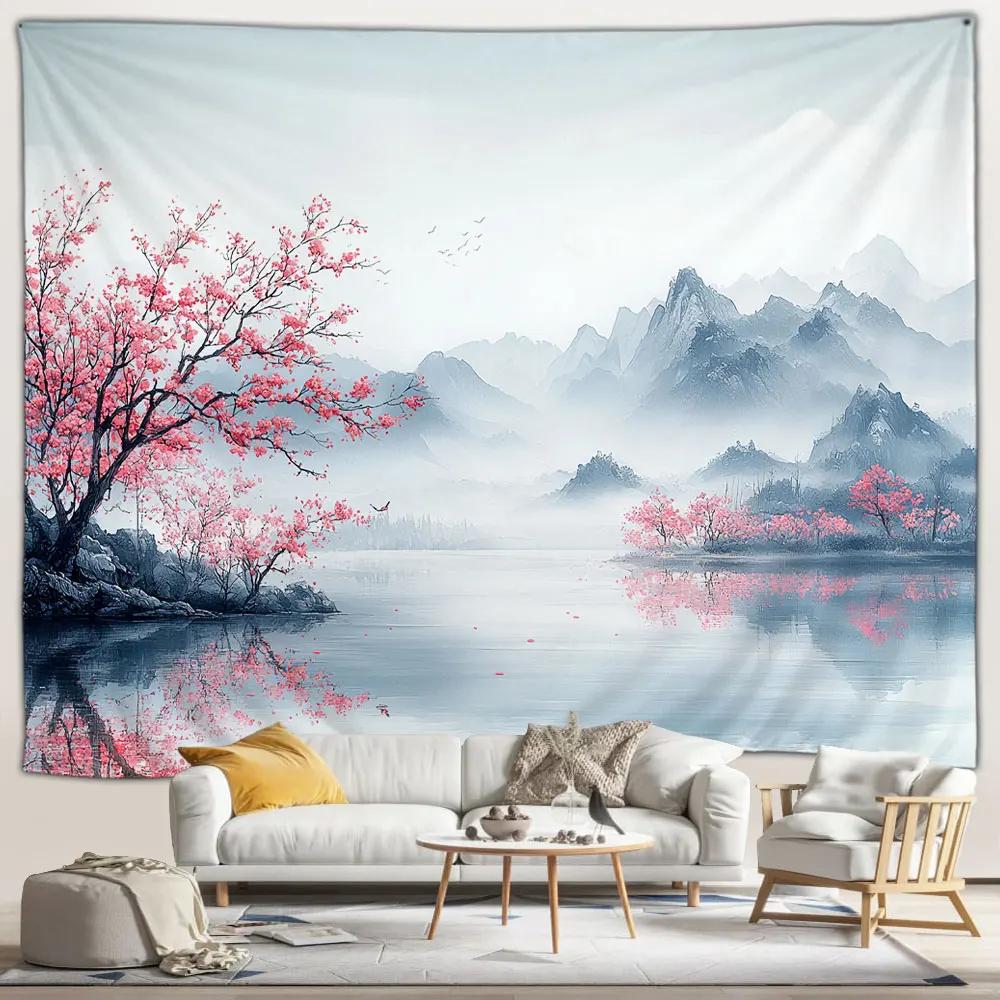Japanese Scenery Tapestry Pink Cherry Blossom Flowers Misty Landscape Chinese Architecture Living Room Bedroom Decor Wall Hangin